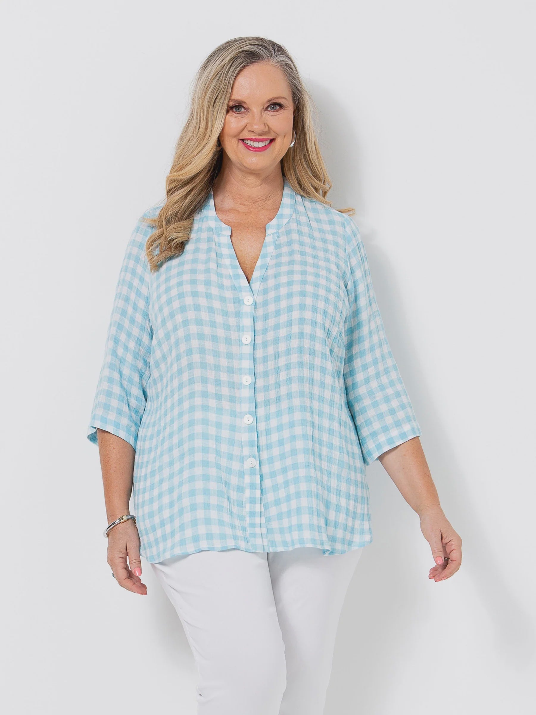 Aqua Gingham Shirt Pattersons Boutique NZ