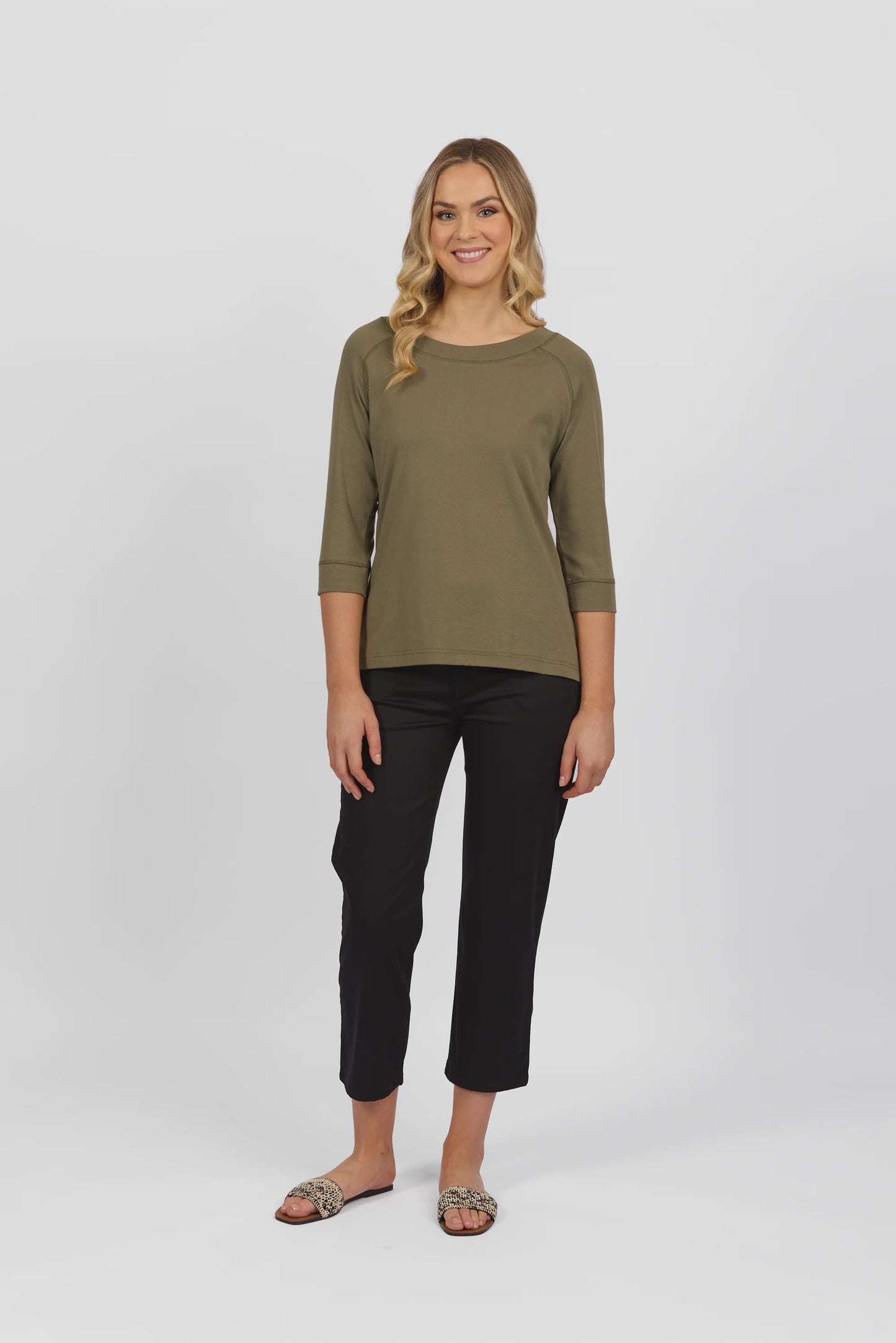 Boat neck 3/4 Sleeve Top Olive