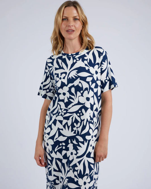 STENCIL FLORAL TEE DRESS  NAVY